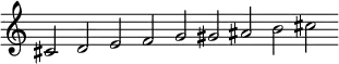 
\new Staff = "haut" \with {\remove "Time_signature_engraver"}{
\cadenzaOn
\relative c' {cis2 d e f g gis ais b cis}
}
