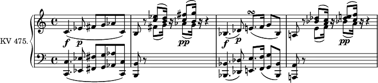 \version "2.14.2"
\header {
tagline = ##f
}
upper = \relative c' {
\clef "treble"
\tempo "Adagio"
\key c \major
\time 4/4
\set Staff.midiInstrument = #"piano"
c4.\f (ees8\p fis g aes c,)
\stemUp b r8 < c' ees> ^(< b d>16) r16 <c fis>8 ^(<b g'>16) r16 r4
bes,4.\f (des8)\p e!8.\turn (f16 g8 bes,)
a!8 r8 < bes' des> ^(< a c>16) r16 <des e!>8 ^ (<c f>16) r16 r4
}
lower = \relative c {
\clef "bass"
\key c \major
\time 4/4
\tempo 4 = 50
\set Staff.midiInstrument = #"piano"
<c, c'>4. (<ees ees'>8 <fis fis'> <g g'> <aes aes'> <c, c'>)
<b b'> r8 \change Staff = "upper" \stemDown fis'''8 _(g16) r16 aes8\pp _(g16) r16 \change Staff = "lower" s4
\stemUp <bes,,, bes'>4. (<des des'>8) <e! e'>8. <f f'>16 (<g g'>8 <bes, bes'>)
<a! a'> r8 \change Staff = "upper" \stemDown e'''8 _(f16) r16 bes!8\pp _(a16) r16 \change Staff = "lower" s4
}
\score {
\new PianoStaff <<
\set PianoStaff.instrumentName = #"KV 475."
\new Staff = "upper" \upper
\new Staff = "lower" \lower
>>
\layout {
\context {
\Score
\remove "Metronome_mark_engraver"
}
}
\midi { }
}