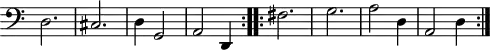 \version "2.18.2"
\header {
tagline = ##f
}
\score {
\new Staff \with {
\remove "Time_signature_engraver"
}
\relative c {
\key c \major
\time 3/4
\tempo 2 = 50
\autoBeamOff
\clef bass
\override Rest #'style = #'classical
\set Staff.midiInstrument = #"recorder"
\repeat volta 2 {
d2. cis d4 g,2 a d,4
}
\repeat volta 2 {
fis'2. g a2 d,4 a2 d4
}
}
\layout {
\context {
\Score
\remove "Metronome_mark_engraver"
}
}
\midi {}
}