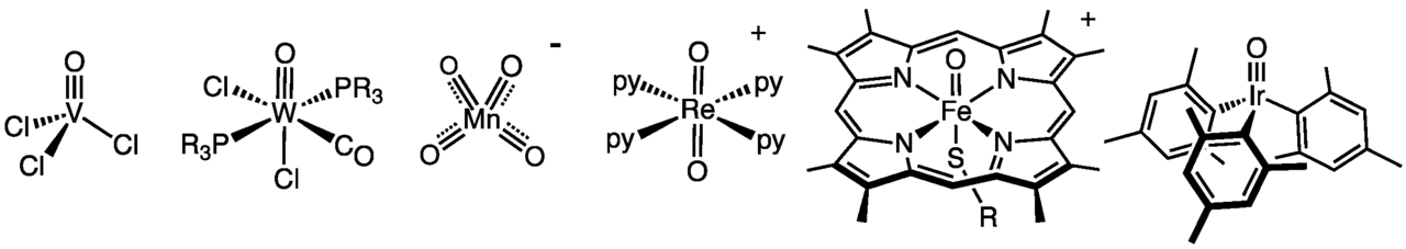 Exemples d'oxydes métalliques moléculaires. De gauche à droite : oxytrichlorure de vanadium (d0), carbonyle oxo de tungstène (d2), permanganate (d0), ReO2(py)4+ (d2), composé I du cytochrome P450 (d4) et O=Ir(Mes)3 (d4)[7].