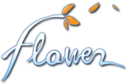 Il est écrit "Flower" en écriture manuscrite bleu. Il y a quelques pétales orange au bout du "f".