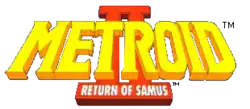 Metroid est écrit en grosses lettres de couleur jaune bordées de rouge et en arrière plan, II est écrit en grosses lettres de couleur rouge, collées l'une à l'autre. Dans les barres horizontales du bas du II, Return of Samus est inscrit en petites lettre blanches.