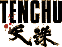 Tenchu est inscrit en lettres noires. Les kanjis 天 (ten?) et 誅 (chū?) sont manuscrits en dessous. Quelques gouttes de sang rouge figurent sur le logo.