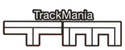 TrackMania est écrit en lettres blanches bordées de noir, ainsi que les lettres T et M en dessous.