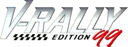 Photo d'un logo en gris clair aux lettres de V-Rally, avec le nombre 99 écrit en rouge.