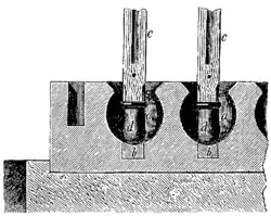 Dessin en noir et blanc d'un système de pilon plongeant dans des mortiers.