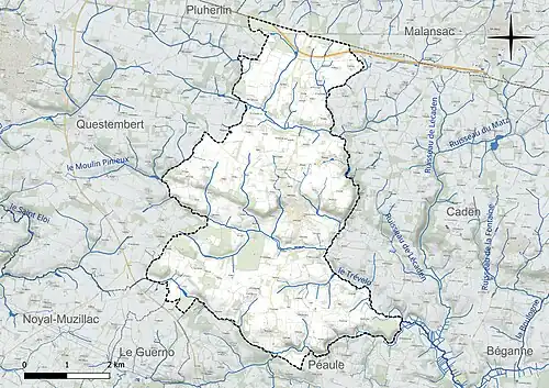 Carte en couleur présentant le réseau hydrographique de la commune