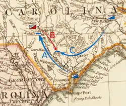 Carte montrant les déplacements des forces patriotiques et loyalistes en Caroline du Nord.