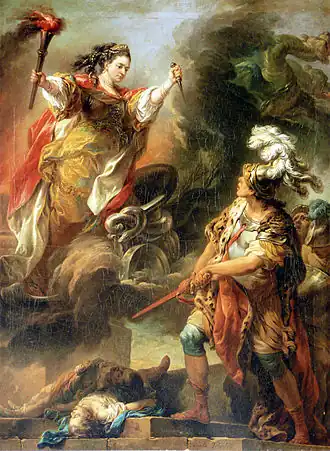 Médée sort d'une nuée, portant un stylet et un flambeau, un serpent à ses pieds. Sous elle, Jason, devant le cadavre de ses deux enfants, s'apprête à tirer son épée.