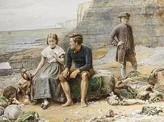 Un homme et une femme assis sur un banc au premier plan ; au second, un homme habillé comme autrefois, observant discrètement la scène