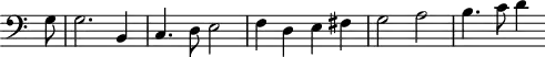 \version "2.18.2"
\header {
tagline = ##f
}
\score {
\new Staff \with {
\remove "Time_signature_engraver"
}
\relative c {
\key c \major
\time 2/2
\tempo 2 = 60
\clef bass
%\set Score.currentBarNumber = #30
\override Rest #'style = #'classical
\set Staff.midiInstrument = #"harpsichord"
% Continuo - DTO p. 60
\partial 8 g'8 | g2. b,4 | c4. d8 e2 | f4 d4 e fis | g2 a | b4. c8 d4
}
\layout {
\context {
\Score
\remove "Metronome_mark_engraver"
}
}
\midi {}
}
