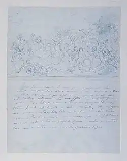 Feuille de cahier blanche écrite en bleu clair. Un croquis de bataille occupe la moitié supérieure, tandis que des notes manuscrites très difficiles à distinguer occupent la moitié inférieure.