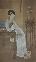 Leng Mei. Jolie femme dans un intérieur, et un petit chien. Daté 1724. Rouleau suspendu, encre et couleurs sur soie. 175 x 94&nbsp;cm