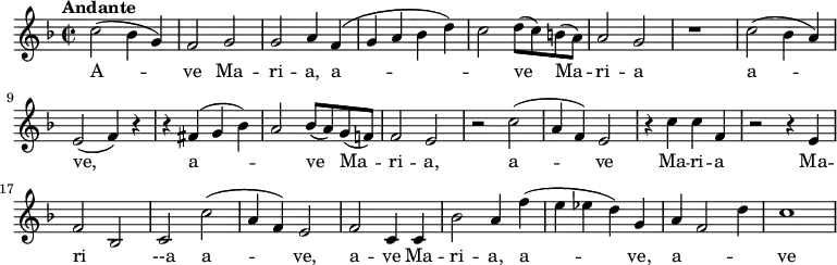 
 <<
    \new Voice = "melody" \relative c' {
       \version "2.18.2"
       \key f \major
       \time 2/2
       \tempo "Andante"

      c'2 (bes4 g) f2 g g a4 f (\melisma g a bes d) c2 \melismaEnd  d8 (c) b (a) a2 g r1
      c2 (bes4 a) e2 (f4) r
      r fis (\melisma g bes) 
      a2 \melismaEnd bes8 (a) g (f!)
      f2 e r
      c' (a4 f) e2
      r4 c' c f,
      r2 r4 e
      f2 \melisma 
      bes, \melismaEnd c c' (a4 f) e2
      f c4 c bes'2 a4 f' (e ees d) g, a \melisma f2 d'4 \melismaEnd c1
    }
    \new Lyrics \lyricsto "melody" {
    A -- ve Ma -- ri -- a,  a --  ve Ma -- ri -- a
    a -- ve, a -- ve Ma -- ri -- a, a -- ve Ma -- ri -- a Ma -- ri --a a -- ve, 
    a -- ve Ma -- ri -- a,  a -- ve, a -- ve}
 >> 
