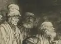 Érasme et Socrate sont tournés vers le Christ, vers la droite du spectateur. Érasme porte un chapeau, tandis que Socrate a le crâne dégarni et une barbe fournie.