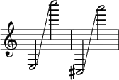 { \override Score.TimeSignature #'stencil = ##f e2 \glissando #1 c''''2 cis2 \glissando a'''2 }