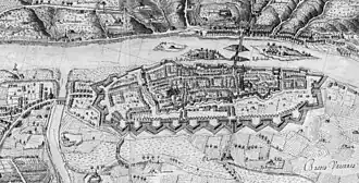 Extrait en noir et blanc d'une carte ancienne montrant deux enceintes urbaines emboîtées.