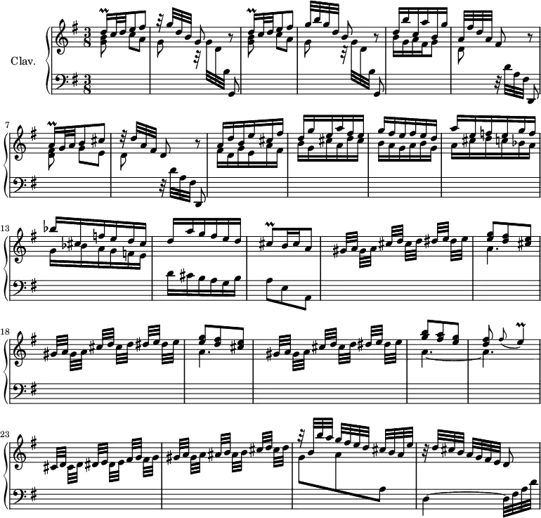 
\version "2.18.2"
\header {
  tagline = ##f
  % composer = "Domenico Scarlatti"
  % opus = "K. 146"
  % meter = ""
}

%% les petites notes
trillDqq     = { \tag #'print { d16\prall } \tag #'midi { \times 2/3 { d32 e d } } }
trillDqqUp   = { \tag #'print { d'16\prall } \tag #'midi { \times 2/3 { d32 e d } } }
trillAqq     = { \tag #'print { a16\prall } \tag #'midi { \times 2/3 { a32 b a } } }
trillCisq    = { \tag #'print { cis8\prall } \tag #'midi { d64 cis d cis~ cis16 } }
trillE       = { \tag #'print { \appoggiatura  fis8 e4\prall } \tag #'midi { fis64 e fis e~ e16~ e8 } }


upper = \relative c'' {
  \clef treble 
  \key g \major
  \time 3/8
  \tempo 4. = 48
  \set Staff.midiInstrument = #"harpsichord"
  \override TupletBracket.bracket-visibility = ##f

     % s8*0^\markup{Allegro}
      \stemUp \trillDqq c32 d e8 fis | r32 g32[ d b] g8 r8 | \trillDqqUp c32 d e8 fis | g32[ b g d] b8 r8 | 
      % ms. 5
      d16 b' c, a' b, g' | a,32[ fis' d a] fis8 r8 | \trillAqq g32 a b8 cis | r32 d32[ a fis] d8 r8 |
      % ms. 9
      a'16 d b e cis fis | d g e a fis e | g fis e fis e d | a' e f e g f | bes cis, f e d cis |
      % ms. 14
      d16 a' g fis e d | \trillCisq b16 cis a8 | \repeat unfold 2 { gis32 a s16 cis32 d s16 dis32 e s16 | < e g >8 < d fis > < cis e > } | 
       % ms. 19
      gis32 a s16 cis32 d s16 dis32 e s16 | < g b >8 < fis a > < e g > | < d fis >8  \trillE | cis,32 d s16 dis32 e s16 fis32 g s16 |
      % ms. 24
      gis32 a s16 ais32 b s16 cis32 d s16 | r32 b32[ b' a] g[ fis e d] cis[ b a e'] | r32 d[ cis b] a[ g fis e] d8 |

}

lower = \relative c' {
  \clef bass
  \key g \major
  \time 3/8
  \set Staff.midiInstrument = #"harpsichord"
  \override TupletBracket.bracket-visibility = ##f

    % ************************************** \appoggiatura a16  \repeat unfold 2 {  } \times 2/3 { }   \omit TupletNumber 
      \repeat unfold 2 { \stemDown \change Staff = "upper" < g' b >8 c[ a] | g r32 g32[ d \stemNeutral \change Staff = "lower"  b] \stemNeutral g,8 } | \stemDown \change Staff = "upper"
      % ms. 5
      b''16 g a fis g8 | d \stemNeutral \change Staff = "lower" r32 d32[ a fis] d,8 | \stemDown \change Staff = "upper" < d'' fis >8 g[ e] | d \stemNeutral \change Staff = "lower" r32 d32[ a fis] d,8 | \stemDown \change Staff = "upper"
      % ms. 9
      fis''16 d g e a fis | b g cis a d cis | b a g a b g | a cis d c bes a | g bes a g f e | \stemNeutral \change Staff = "lower"
      % ms. 14
      d16 cis b a g b | a8 e a, | \stemDown \change Staff = "upper" \repeat unfold 2 { s16 gis''32 a s16 cis32 d s16 dis32 e | a,4. } |
      % ms. 20
      s16 gis32 a s16 cis32 d s16 dis32 e | a,4._~ | a | s16 cis,32 d s16 dis32 e s16 fis32 g |
      % ms. 24
      s16 gis32 a s16 ais32 b s16 cis32 d | g,8 a \change Staff = "lower" a, | d,4~ d32 fis a d

}

thePianoStaff = \new PianoStaff <<
    \set PianoStaff.instrumentName = #"Clav."
    \new Staff = "upper" \upper
    \new Staff = "lower" \lower
  >>

\score {
  \keepWithTag #'print \thePianoStaff
  \layout {
      #(layout-set-staff-size 17)
    \context {
      \Score
     \override SpacingSpanner.common-shortest-duration = #(ly:make-moment 1/2)
      \remove "Metronome_mark_engraver"
    }
  }
}

\score {
  \keepWithTag #'midi \thePianoStaff
  \midi { }
}
