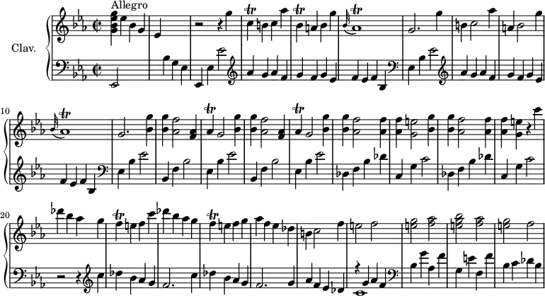 \version "2.18.2"
\header {
tagline = ##f
% composer = "Domenico Scarlatti"
% opus = "K. 123"
% meter = "Allegro"
}
%% les petites notes
trillBesDown = { \tag #'print { bes,4\trill } \tag #'midi { \times 2/3 { c16 bes c } bes8 } }
trillCDown = { \tag #'print { c,4\trill } \tag #'midi { \times 2/3 { d16 c d } c8 } }
trillAesr = { \tag #'print { \appoggiatura bes,32 aes1\trill } \tag #'midi { \repeat unfold 5 { bes16 aes~ } aes4 g16 aes } }
trillAes = { \tag #'print { aes4\trill } \tag #'midi { \times 2/3 { bes16 aes bes } aes8 } }
trillF = { \tag #'print { f4\trill } \tag #'midi { \times 2/3 { g16 f g } f8 } }
upper = \relative c'' {
\clef treble
\key ees \major
\time 2/2
\tempo 2 = 92
\set Staff.midiInstrument = #"harpsichord"
\override TupletBracket.bracket-visibility = ##f
s8*0^\markup{Allegro}
< g bes ees g >4 ees' bes g | ees s2. | r2 r4 g'4 \trillCDown b4 c aes' | \trillBesDown a4 bes g' |
% ms. 6
\trillAesr | g2. g'4 | b, c2 aes'4 | a,! bes2 g'4 | \trillAesr | g2. < bes g' >4
% ms. 12
\repeat unfold 2 { < bes g' >4 < aes f' >2 < f aes >4 | \trillAes g2 < bes g' >4 } | q < aes f' >2 q4 | q < g e' >2 < bes g' >4
% ms. 18
q < aes f' >2 q4 | q < g e' >4 r4 c'4 | des bes aes g | \trillF e4 f c' | des bes aes g | \trillF e4 f g |
% ms. 24
aes4 f ees des | b c2 f4 | e2 f | < e g > < f aes > | < e g bes > < f aes > | < e g > f |
}
lower = \relative c' {
\clef bass
\key ees \major
\time 2/2
\set Staff.midiInstrument = #"harpsichord"
\override TupletBracket.bracket-visibility = ##f
% ************************************** \appoggiatura \repeat unfold 2 { } \times 2/3 { }
ees,,2 s2. bes''4 g ees | ees, ees' ees'2 |
% ms. 4
\repeat unfold 2 { \clef treble aes4 g aes f | g f g ees | f ees f bes, | \clef bass ees, bes' ees2 }
% ms. 12
\repeat unfold 2 { bes,4 f' bes2 | ees,4 bes' ees2 } | \repeat unfold 2 { des,4 f bes des | c, g' c2 } |
% ms. 20
r2 r4 \clef treble c'4 | des bes aes g | f2. c'4 | des bes aes g |
% ms. 24
f2. g4 | aes4 f ees des| << { r4 g4 aes f } \\ { c1 } >> | \clef bass bes4 g' aes, f' | g, e' f, f' | bes, c des bes |
}
thePianoStaff = \new PianoStaff <<
\set PianoStaff.instrumentName = #"Clav."
\new Staff = "upper" \upper
\new Staff = "lower" \lower
>>
\score {
\keepWithTag #'print \thePianoStaff
\layout {
#(layout-set-staff-size 17)
\context {
\Score
\override SpacingSpanner.common-shortest-duration = #(ly:make-moment 1/2)
\remove "Metronome_mark_engraver"
}
}
}
\score {
\keepWithTag #'midi \thePianoStaff
\midi { }
}