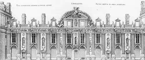 Château de Charleval resté inachevé en 1574 (Jacques Ier Androuet du Cerceau, « Les plus excellents bastiments de France »).