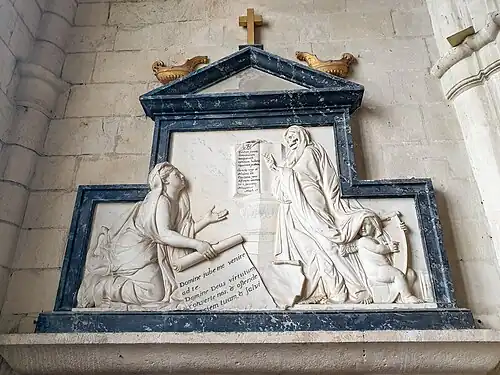 Femme agenouillée devant la mort, bas-relief du tombeau de la reine mère de Pologne, Anna Leszczyńska (artiste inconnu, XVIIIe&nbsp;siècle).