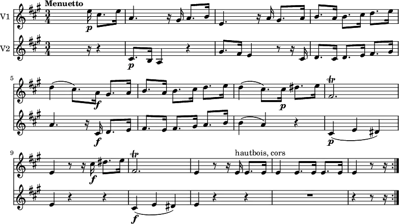<<
\new Staff \with { instrumentName = #"V1 "}
\relative c'' {
\version "2.18.2"
\key a \major
\tempo "Menuetto"
\tempo 4 = 110
\time 3/4
s4 s8. e16 \p cis8. e16
a,4. r16 gis16 a8. b16
e,4. r16 a16 gis8. a16
b8. a16 b8. cis16 d8. e16
d4 (cis8.) a16 \f gis8. a16
b8. a16 b8. cis16 d8. e16
d4 (cis8.) cis16\p dis8. e16
fis,2. \trill
e4 r8 r16 cis'16 \f dis8. e16
fis,2.\trill
e4 r8 r16 e16^\markup {hautbois, cors} e8. e16
e4 e8. e16 e8. e16
e4 r8 r16 \bar ":|."
}
\new Staff \with { instrumentName = #"V2 "}
\relative c'' {
\key a \major
\time 3/4
s4 s8. r16 r4
cis,8.\p b16 a4 r4
gis'8. fis16 e4 r8 r16 cis16
d8. cis16 d8. e16 fis8. gis16
a4. r16 cis,16 \f d8. e16
fis8. e16 fis8. gis16 a8. b16
b4 (a) r4
cis,\p (e dis)
e r4 r4
cis4\f (e dis)
e r4 r4
R2. r4 r8 r16 \bar ":|."
}
>>
