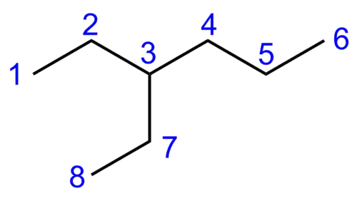 3-Ethylhexan mit Nummerierung der Kohlenstoffatome