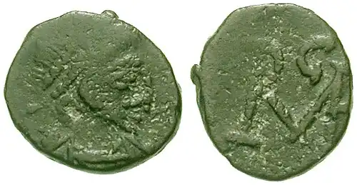 Auf der Rückseite dieser Münze des Libius Severus ist das Ricimer-Monogram eingeprägt