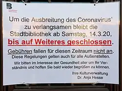 Stadtbibliothek Braunschweig wegen „Ausbreitung des Coronavirus'“ ab 14.&nbsp;März 2020 geschlossen