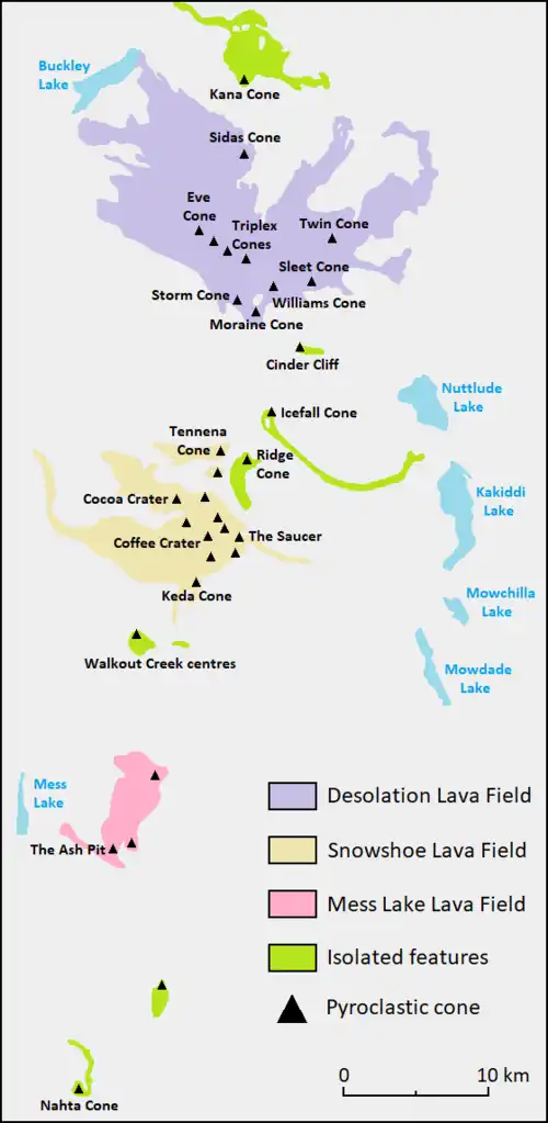 Diagramm mit der Lage von Vulkanen und Lavafeldern einer geologischen Formation