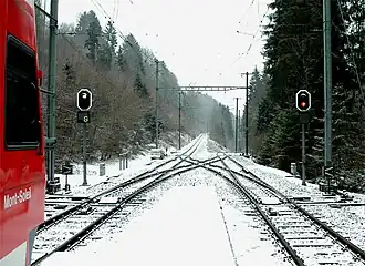 Das linke Gleis führt nach Saignelégier, das rechte nach Glovelier, Winterbild (2006)