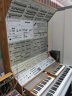 EML Sequencer 400 (top ×2, 6×16 step) on EML ElectroComp modular synthesizer (1970)