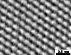 Rastertunnelmikroskopische Aufnahme einer Graphitoberfläche. Hell zu sehen sind diejenigen Oberflächenatome (rot markiert im nebenstehenden Bild), die kein unmittelbares Nachbaratom in der nächstunteren Schicht besitzen (mit gestrichelten Linien verbundene Atompositionen), da hier die elektronische Zustandsdichte höher ist. Ein unteres C-Atom ändert die elektronische Struktur des darüberliegenden Atoms.