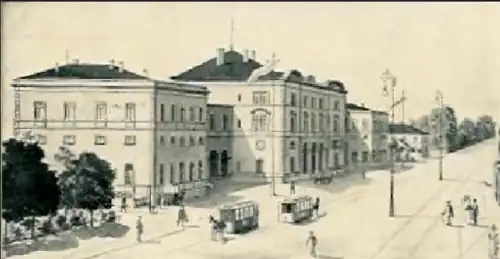 Hauptbahnhof mit Schweinfurter Straßenbahn (Pferdebahn 1895–1921). Um 1900