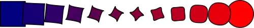 Interpolation zwischen einem blauen Quadrat und einem roten Kreis. Dabei wird die Lücke zwischen beiden Objekten mit Zwischenwerten (in Farbe und Form) gefüllt. In der digitalen Fotografie werden Farbe und Pixelmenge interpoliert.