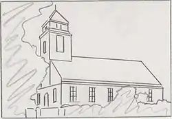 Kirche in Judtschen nach Wiederaufbau 1925. Skizze nach alter Postkarte