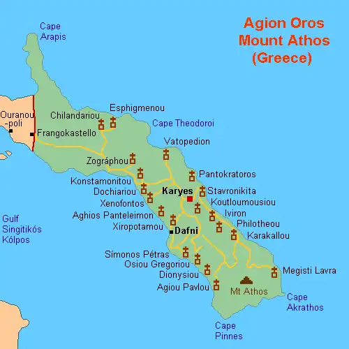 Karte der Klöster auf dem Berg Athos