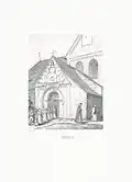 Diese Zeichnung Mildes zeigt die entsprechende Außenansicht, rechts asymmetrisch der vor 1878 abgebrochene Anbau
