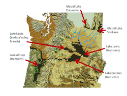 Abbildung mit topographischen Karten von Washington und Nord-Oregon mit den von den Missoula-Fluten überschwemmten Gebieten, die farbig markiert sind