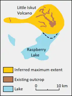 Diagramm mit den Orten von Gesteinsaufschlüssen, prähistorischen Seen und der geschätzten maximalen Ausdehnung einer geologischen Formation.