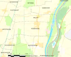 Lage des Wasserkraftwerks Fessenheim (rötliche Fläche oberhalb des Kernkraftwerks)