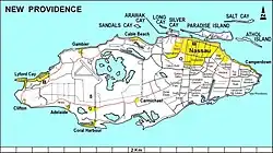Karte von New Providence, mit den einzelnen Stadtteilen von Nassau im Osten der Insel