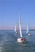 Segelboote vor Hiddensee (die Rümpfe der Boote bilden ein aktives Dreieck), 2006.