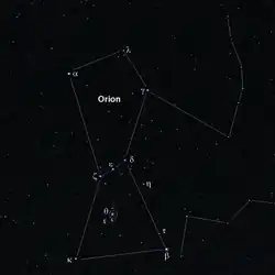 Lage des Orionnebels im Sternbild Orion, wie es mit bloßem Auge wahrgenommen werden kann (Bezeichnung der hellsten Sterne nach der Uranometria): Der Orionnebel liegt 5° südlich des mittleren der Gürtelsterne ζ, ε und δ und ist mit einem Kreis um θ&nbsp;Orionis gekennzeichnet.