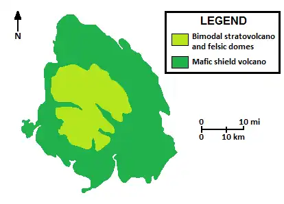 Ein Schaubild mit der Erklärung der geologischen Struktur eines großen Vulkans.
