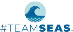 Rundes Wellen-Logo; Darunter steht in blau der Schriftzug #TEAMSEAS