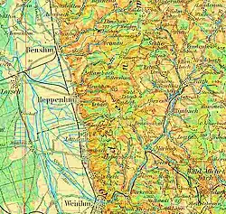 Landkarte (1914) der Gebiete des Weschnitzplutons und des Trommgranits. Weitere kartographische Darstellungen und Luftaufnahmen der Region: Landesgeschichtliches Informationssystem Hessen (LAGIS).[37]