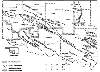 Karte der Höhenverwerfungen im Bereich Wichita-Berge (im Süden) / Anadarko-Becken