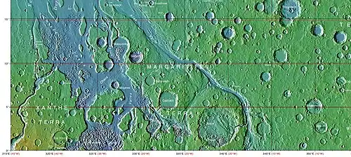 Topografische Karte von Oxia Palus, die unter anderem Aram Chaos zeigt.