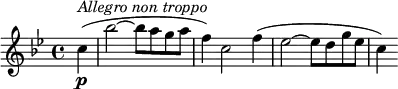 {
\key bes \major \time 4/4 \tempo 4 = 120
\set Score.tempoHideNote = ##t
\partial 4 c''4(\p ^\markup{\italic{Allegro non troppo}}
bes''2~ bes''8 a'' g'' a''
f''4) c''2 f''4(
es''2~ es''8 d'' g'' es''
c''4)
}